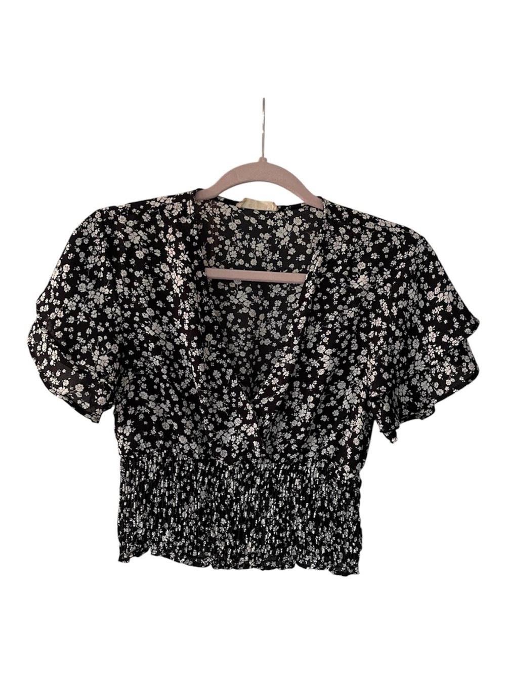 Altar'd State Black Boho Floral Flutter Sleeve Smocked Waist Blouse Top Sz Small